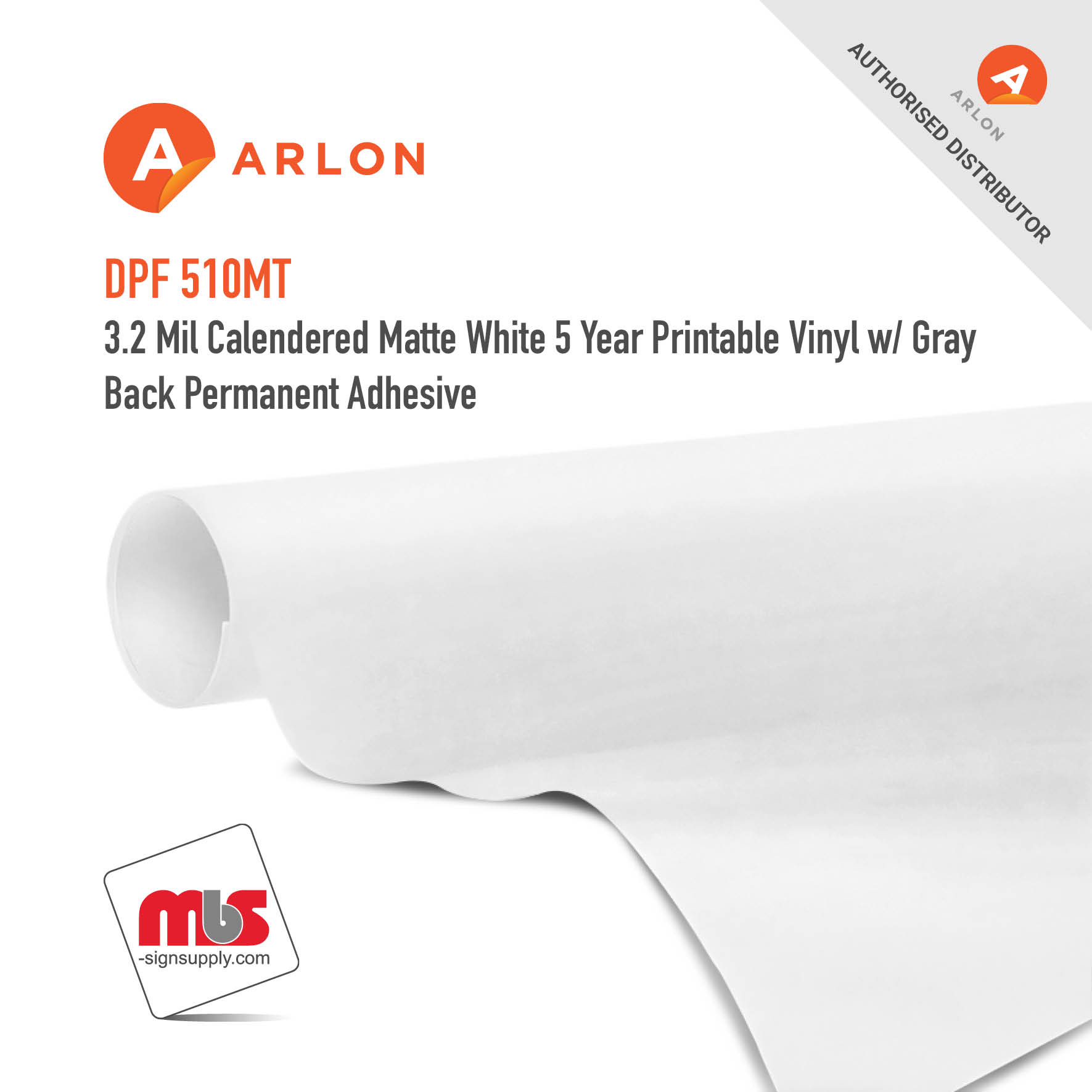 60'' x 50 Yard Roll - Arlon DPF 510MT 3.2 Mil Calendered Matte White 5 Year Printable Vinyl w/ Gray Back Permanent Adhesive