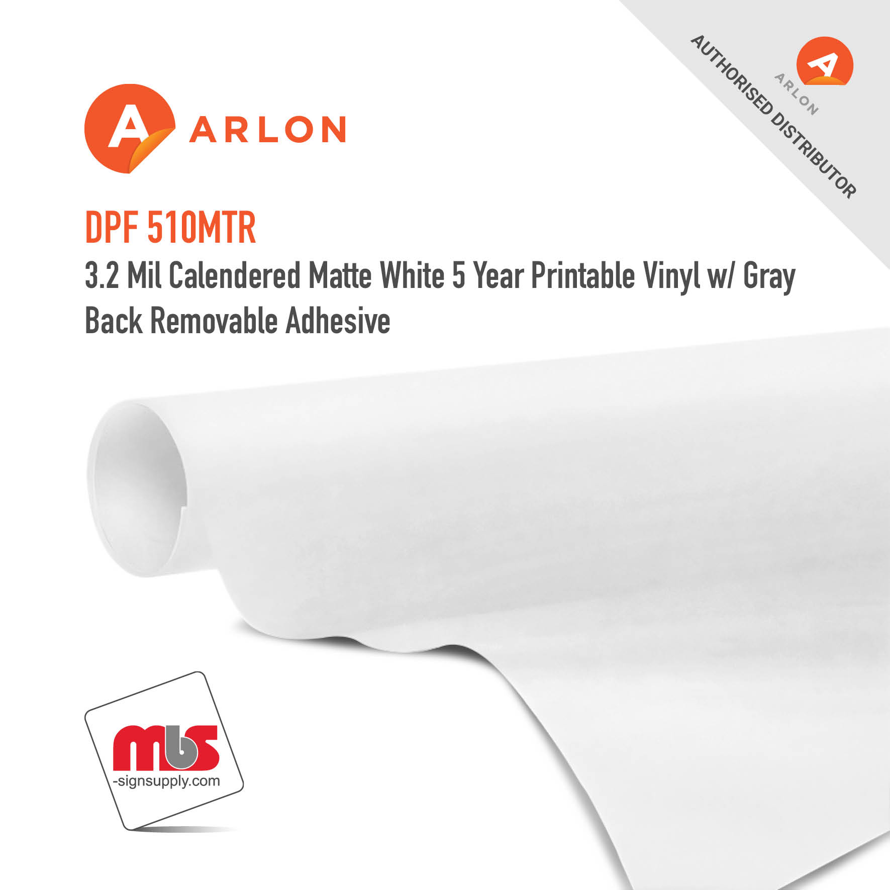 60'' x 50 Yard Roll - Arlon DPF 510MTR 3.2 Mil Calendered Matte White 5 Year Printable Vinyl w/ Gray Back Removable Adhesive