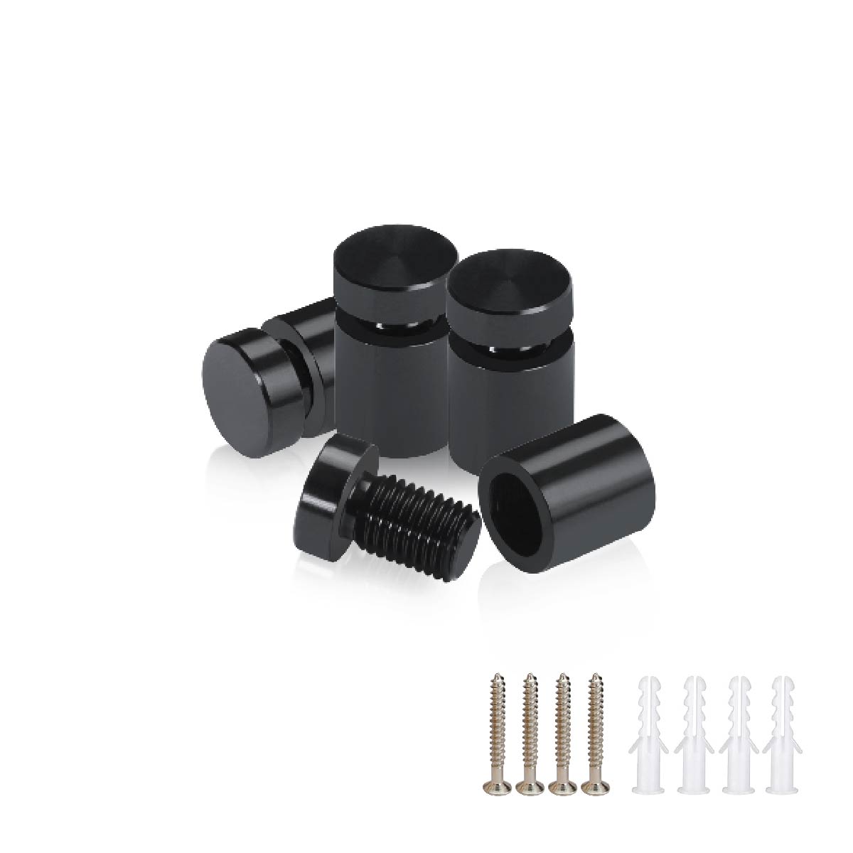 (Set of 4) 1/2'' Diameter X 1/2'' Barrel Length, Affordable Aluminum Standoffs, Black Anodized Finish Standoff and (4) 2208Z Screw and (4) LANC1 Anchor for concrete/drywall (For Inside/Outside) [Required Material Hole Size: 3/8'']