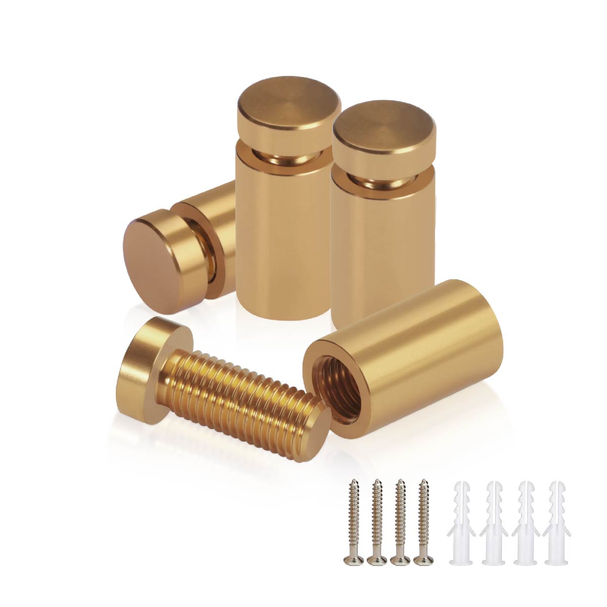 (Set of 4) 1/2'' Diameter X 3/4'' Barrel Length, Affordable Aluminum Standoffs, Champagne Anodized Finish Standoff and (4) 2208Z Screw and (4) LANC1 Anchor for concrete/drywall (For Inside/Outside) [Required Material Hole Size: 3/8'']