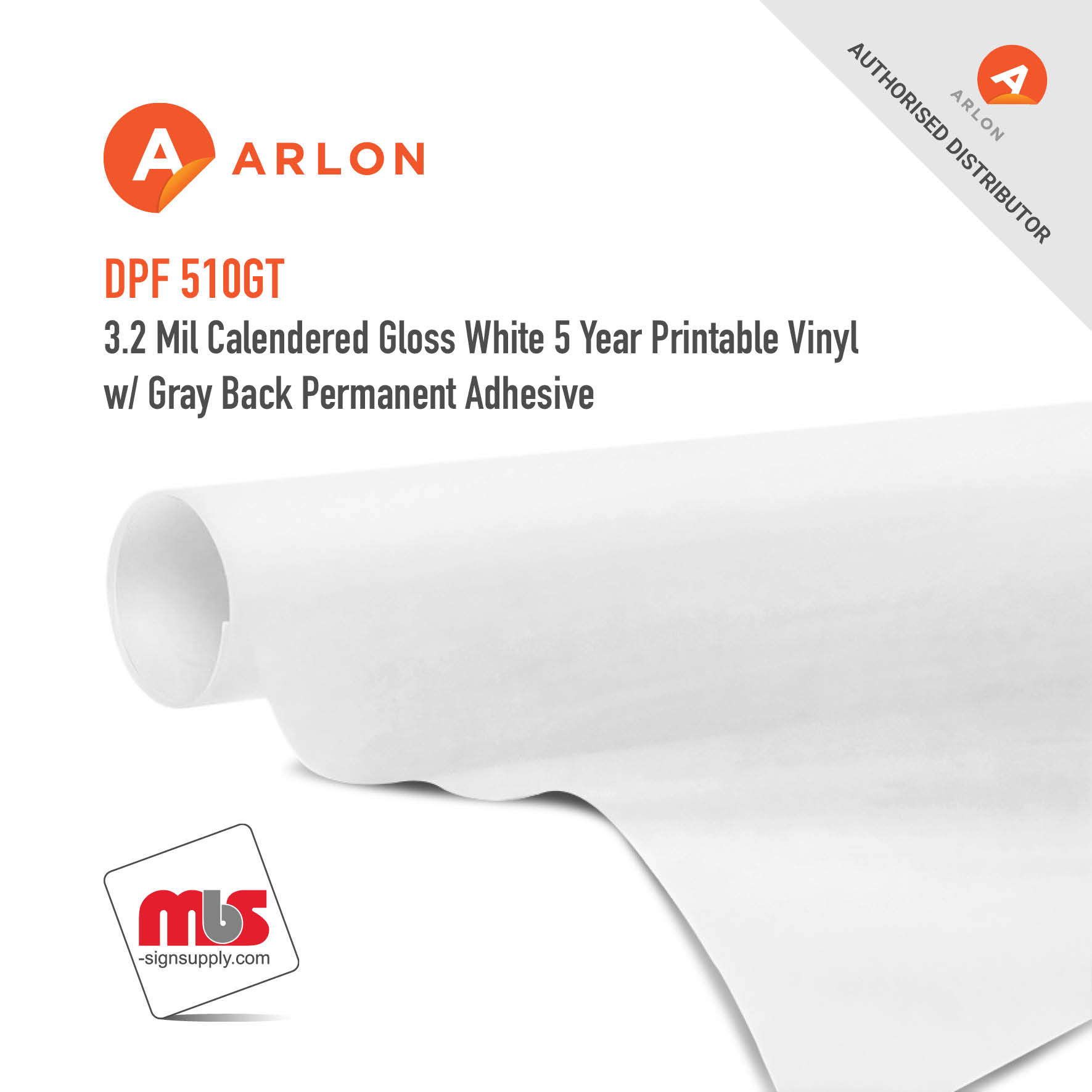 54'' x 50 Yard Roll - Arlon DPF 510GT 3.2 Mil Calendered Gloss White 5 Year Printable Vinyl w/  Gray Back Permanent Adhesive