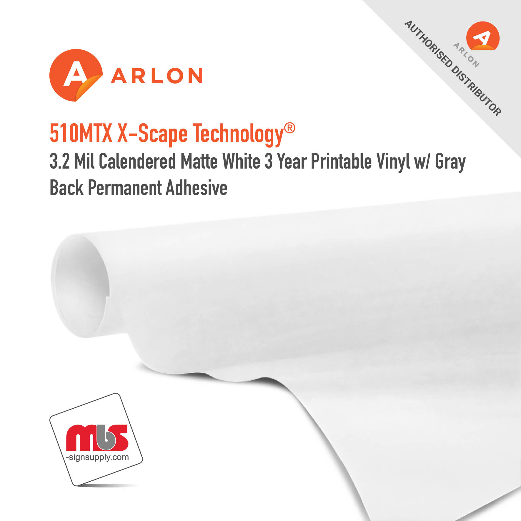 54'' x 50 Yard Roll - Arlon DPF 510MTX X-Scape Technology® 3.2 Mil Calendered Matte White 3 Year Printable Vinyl w/ Gray Back Permanent Adhesive